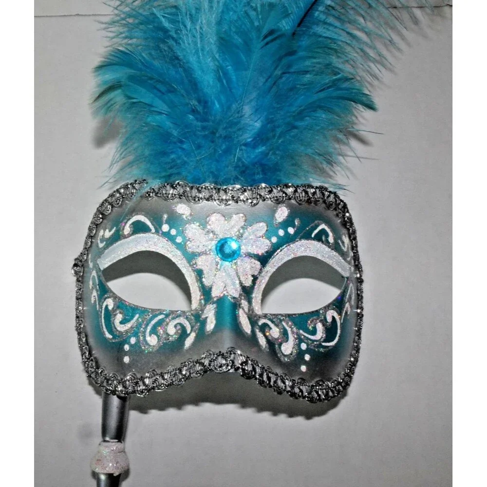 Beautiful Venetian Hand Painted Mask Venice Feathers Blue Masquerade with Handle